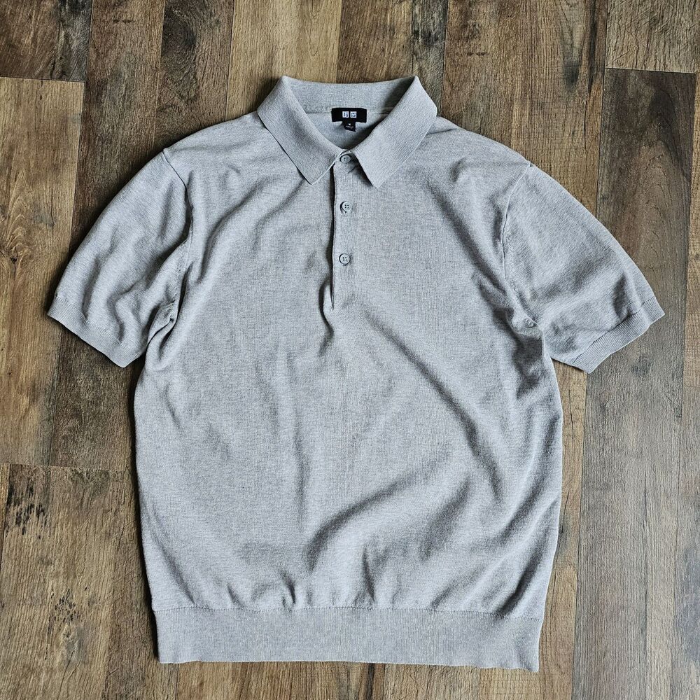 Uniqlo Men's Medium Gray Washable Knitted Polo Sweater Short Sleeve